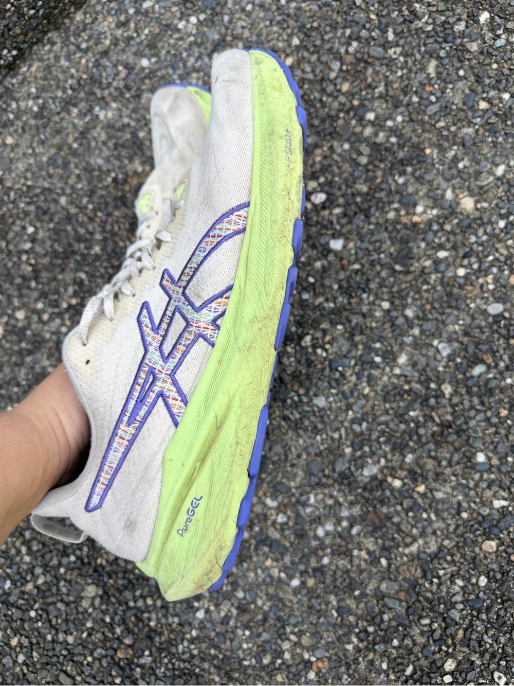 ASICS White Running Shoe with Lime Green Midsole and Purple Outsole